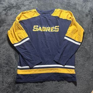 Vintage Buffalo Sabres 3/4 Sleeve Shirt Large Blue Yellow Faded NHL Hockey